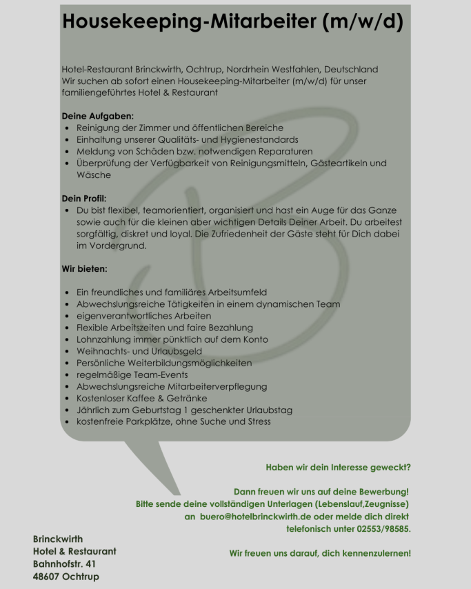 Stellenangebot für Hauskeeping-Mitarbeiter (m/w/d) mit Kontaktdaten und Anforderungsdetails.
