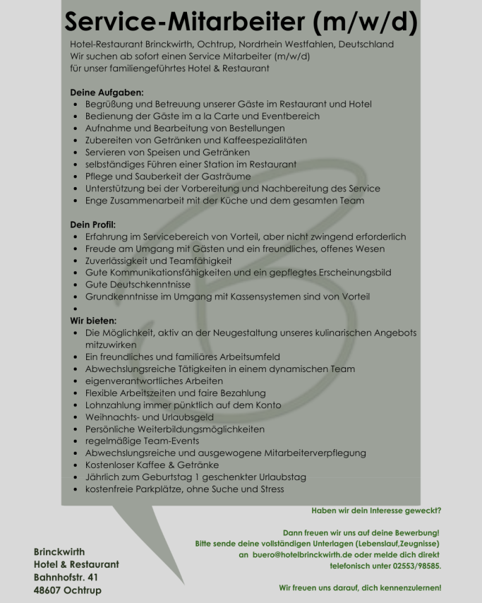 Stellenangebot für Service-Mitarbeiter (m/w/d) mit Aufgabenbeschreibung und Kontaktdaten.