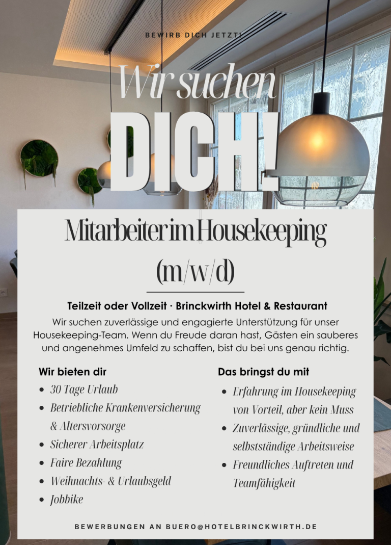 Ein Schild mit "Wir suchen Dich!" für das Hotel & Restaurant Brinckwirth mit Informationen über Stellenangebote zur Reinigungskraft.