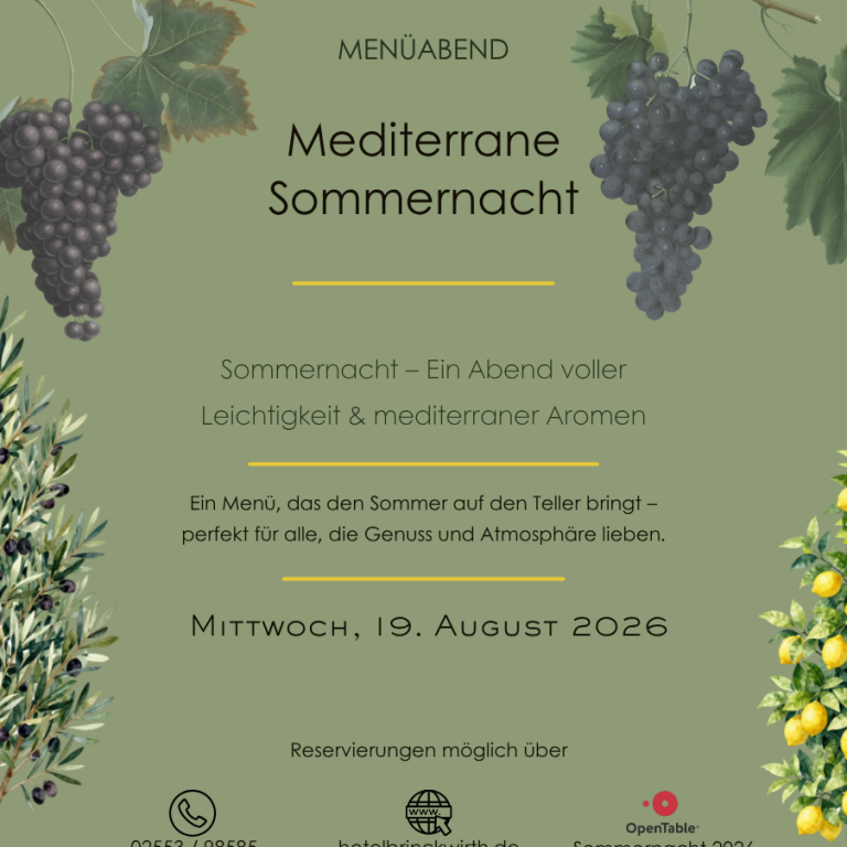 Mediterrane Sommernacht Einladung zu einer mediterranen Sommernacht mit Trauben, Oliven und Veranstaltungshinweisen.