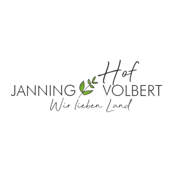 Logo Hof Janning-Volbert Logo von Janning Volbert, auf einem Hof mit dem Slogan „Wir lieben Land“.