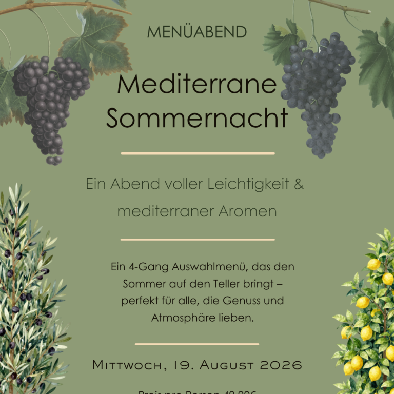 Mediterrane Sommernacht Einladung zu einer mediterranen Sommernacht mit Trauben, Oliven und Veranstaltungshinweisen.