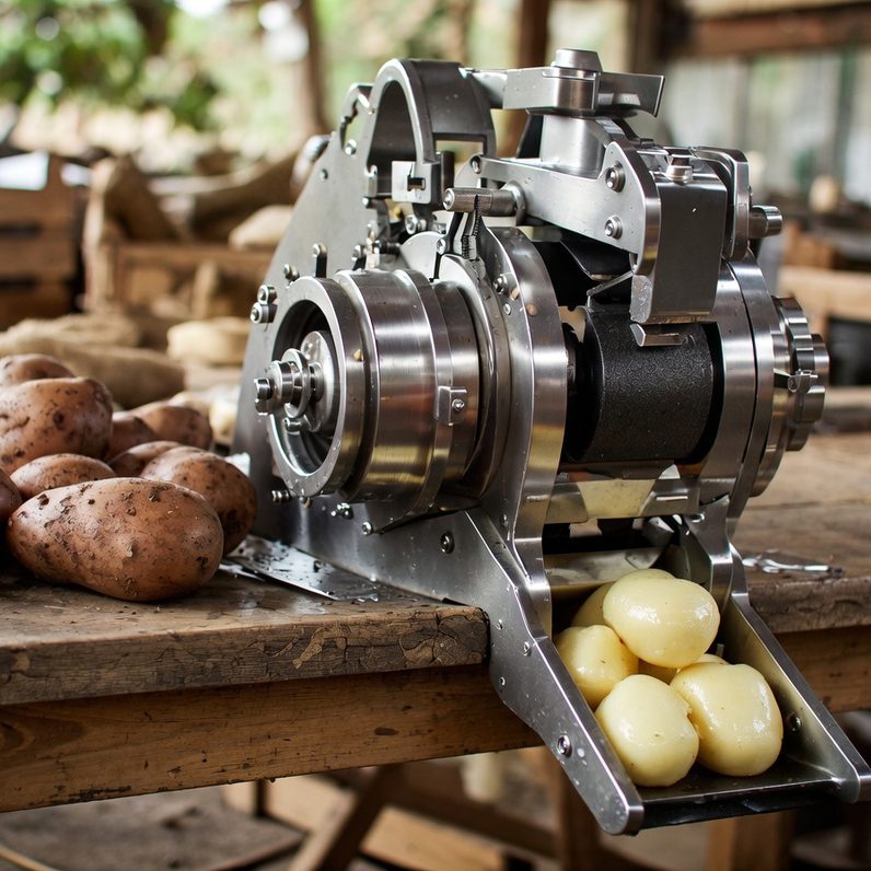 Ein Kartoffelschneider aus Metall mit rohen und geschälten Kartoffeln daneben.