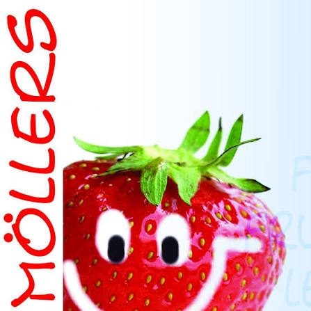 Logo Möllers Erdbeeren Lächelnde Erdbeere mit dem Schriftzug „Möllers“ in roter Schrift.