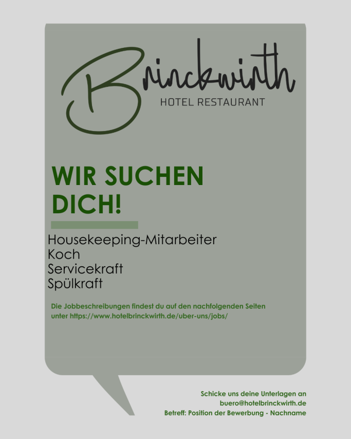 Stellenanzeige für Housekeeping, Koch und Service im Hotel Brinckwirth.