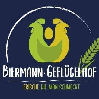 Logo Geflügelhof Biermann Logo des Biermann Geflügelhofs mit Hühnern und einem Weizenaspect.