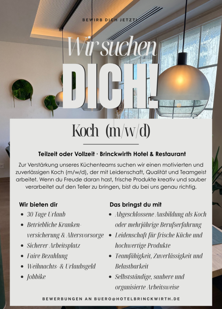 Ein Schild mit "Wir suchen Dich!" für das Hotel & Restaurant Brinckwirth, mit Informationen über Stellenangebote zum Koch.