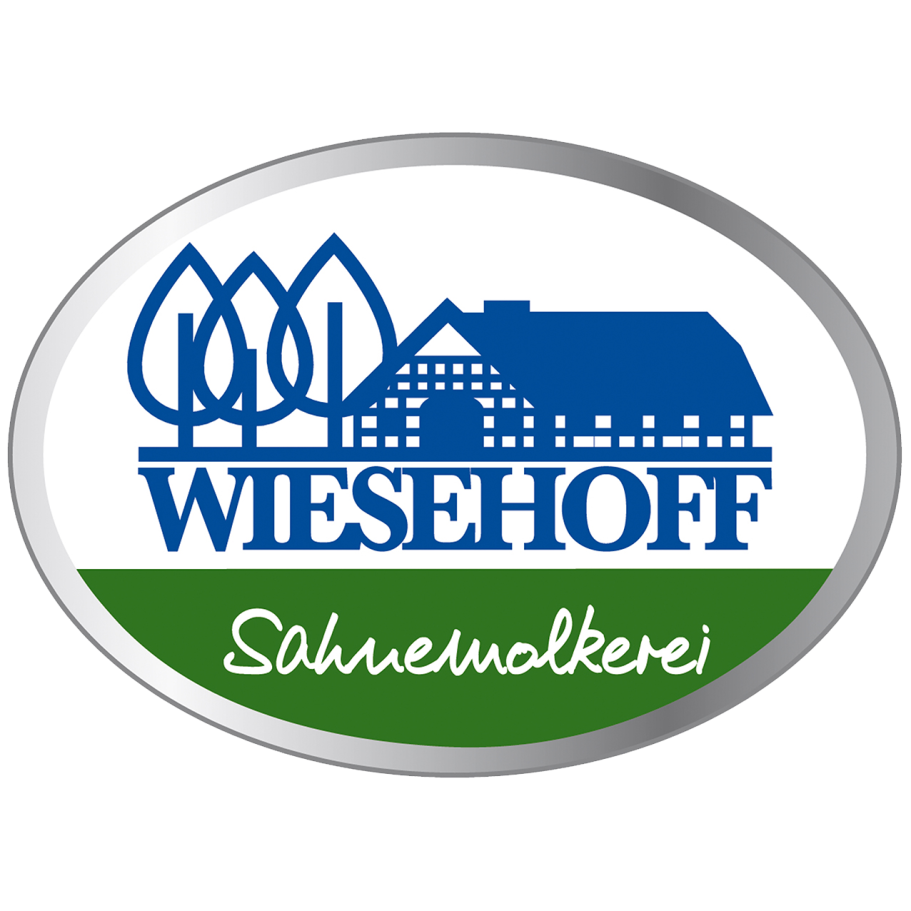 Logo Sahnemolkerei Wiesehoff Logo der Wiesehoff Sahnemolkerei mit Haus und stilisierten Bäumen in Blau und Grün.